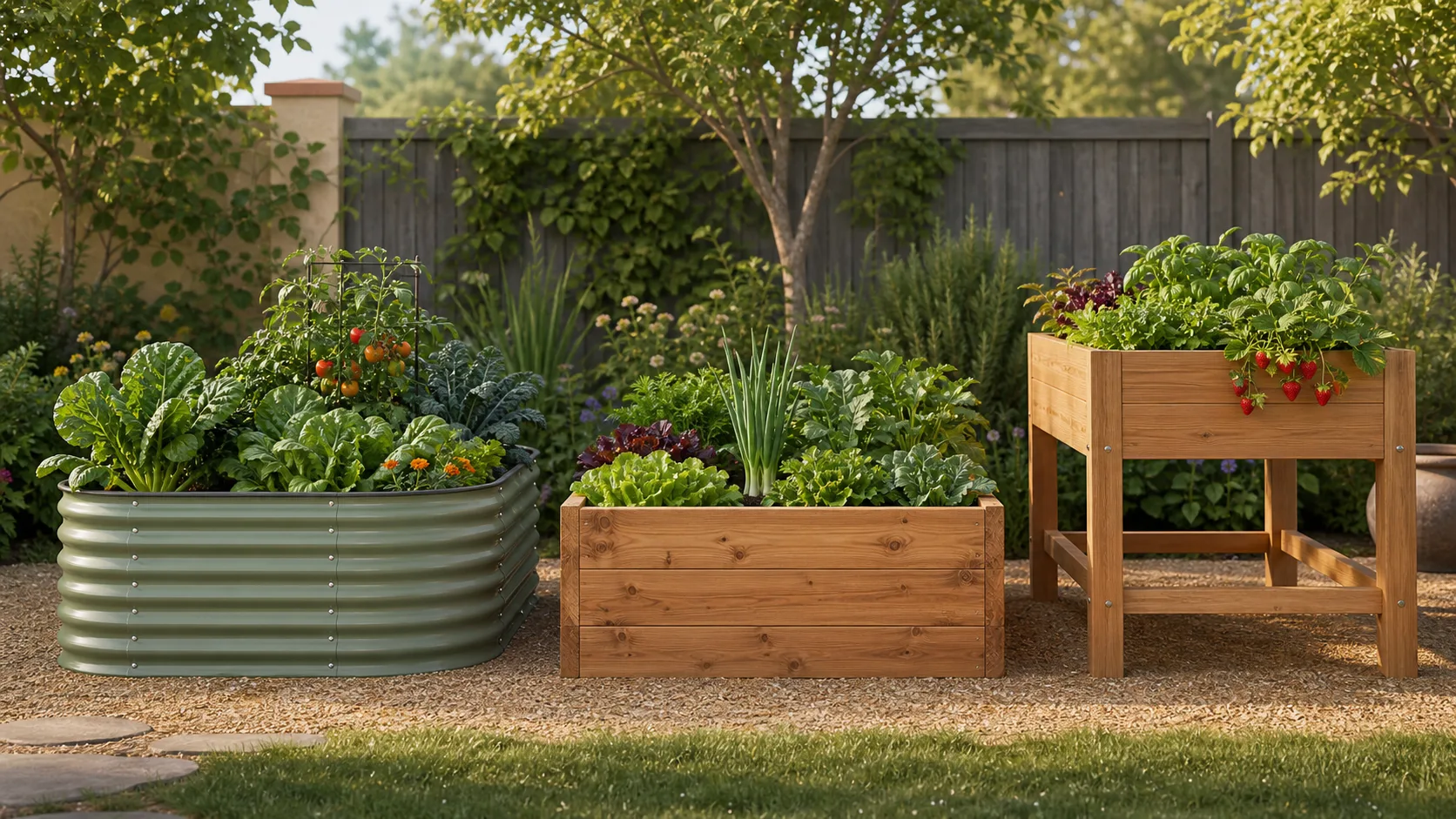 Editorial illustration comparing a coated metal bed, cedar bed, and elevated planter